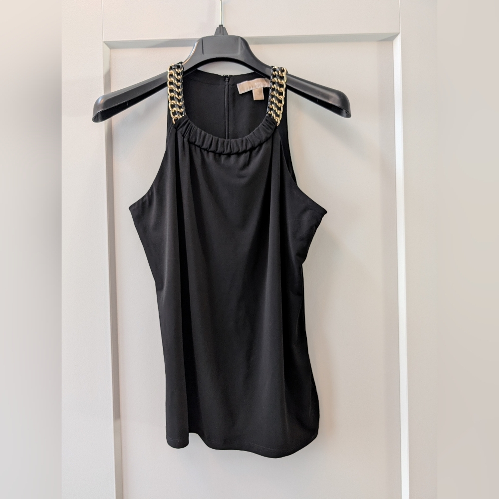 Michael Kors Black High Neck Tank Top with Gold Chain, Size Small